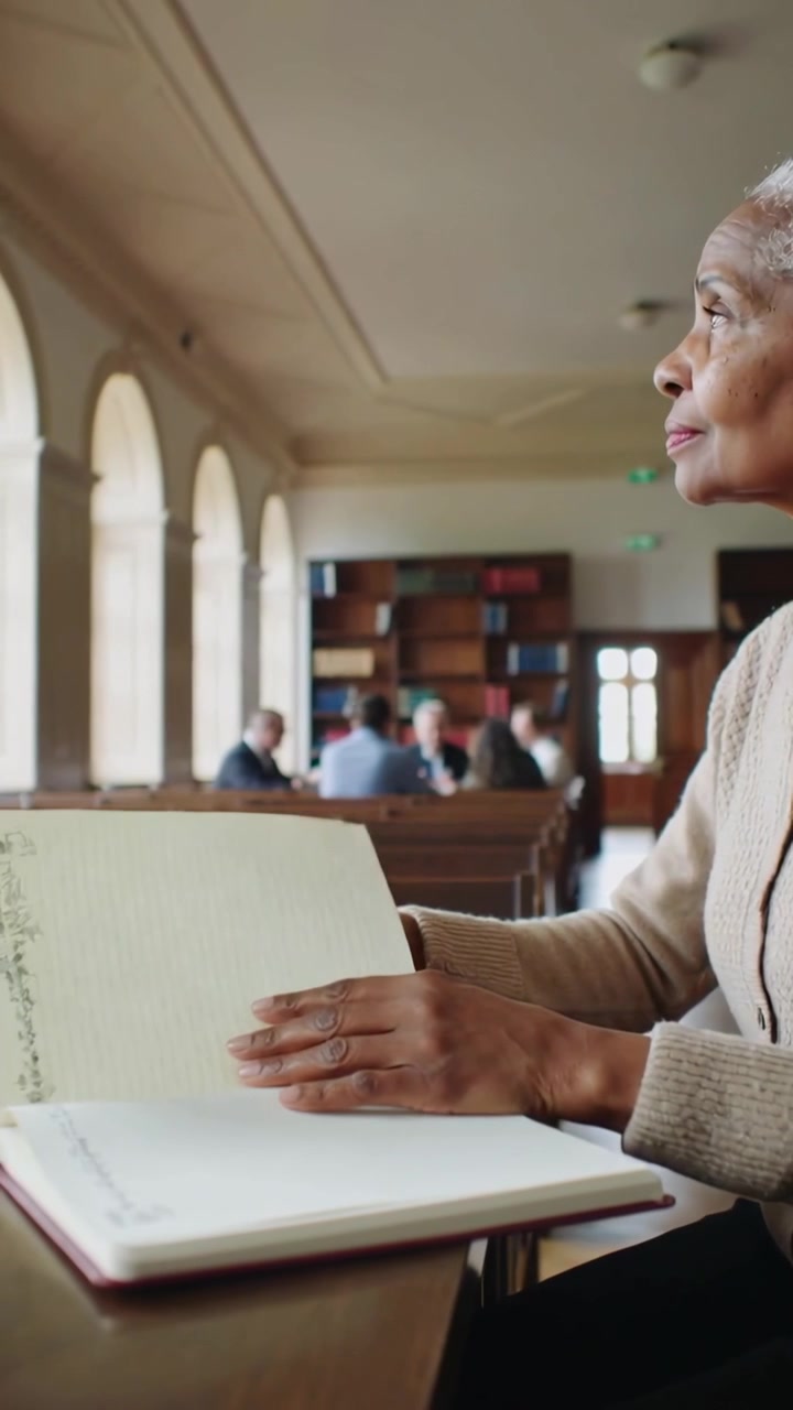 Vertical video: Opening ledger senior woman in tan knit turning pages at library, for research
