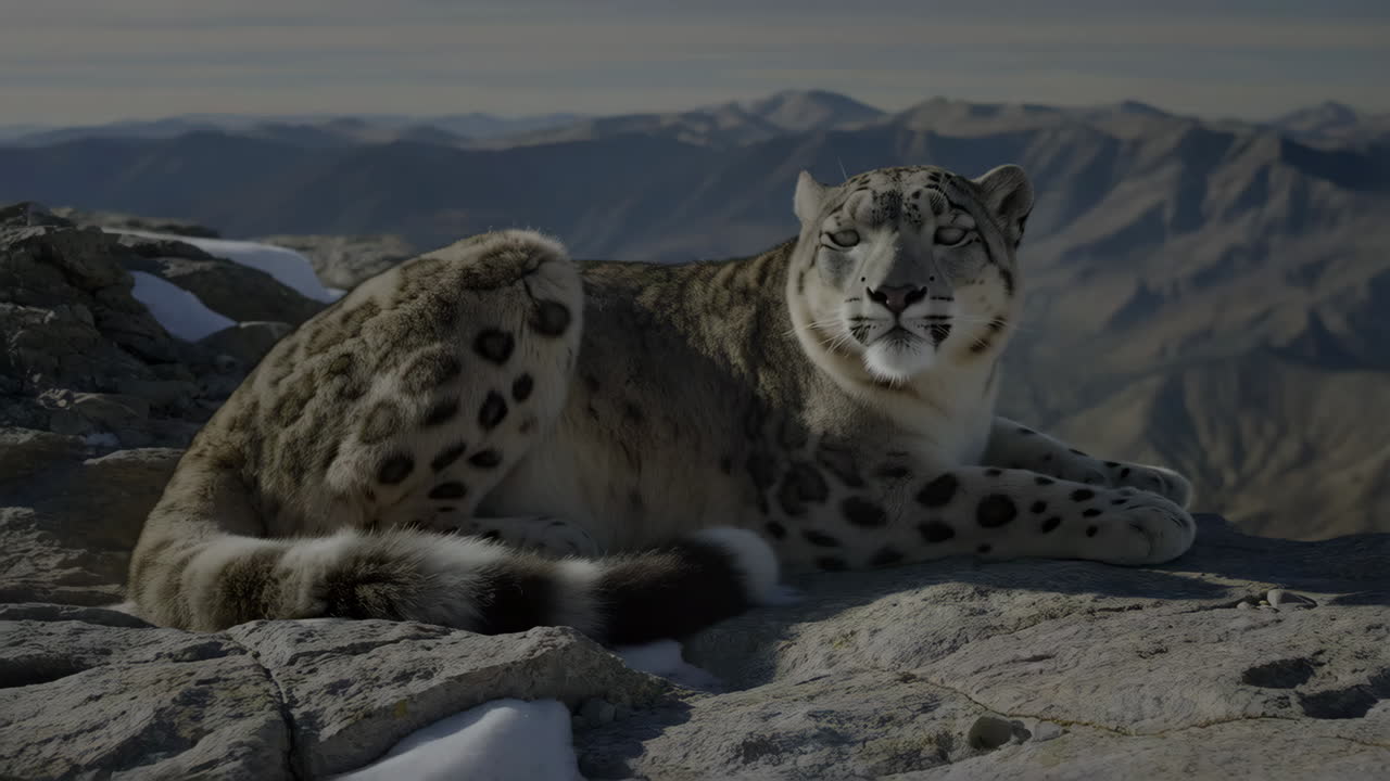 A Snow Leopard Resting in the Mountains