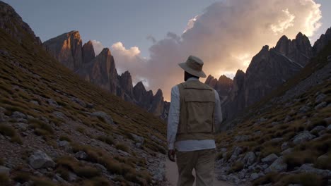 man hiking in the dolomites at sunset