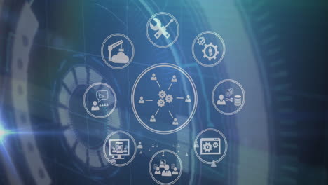 Animation of multiple circles with settings, people, finance icons over scanning circles