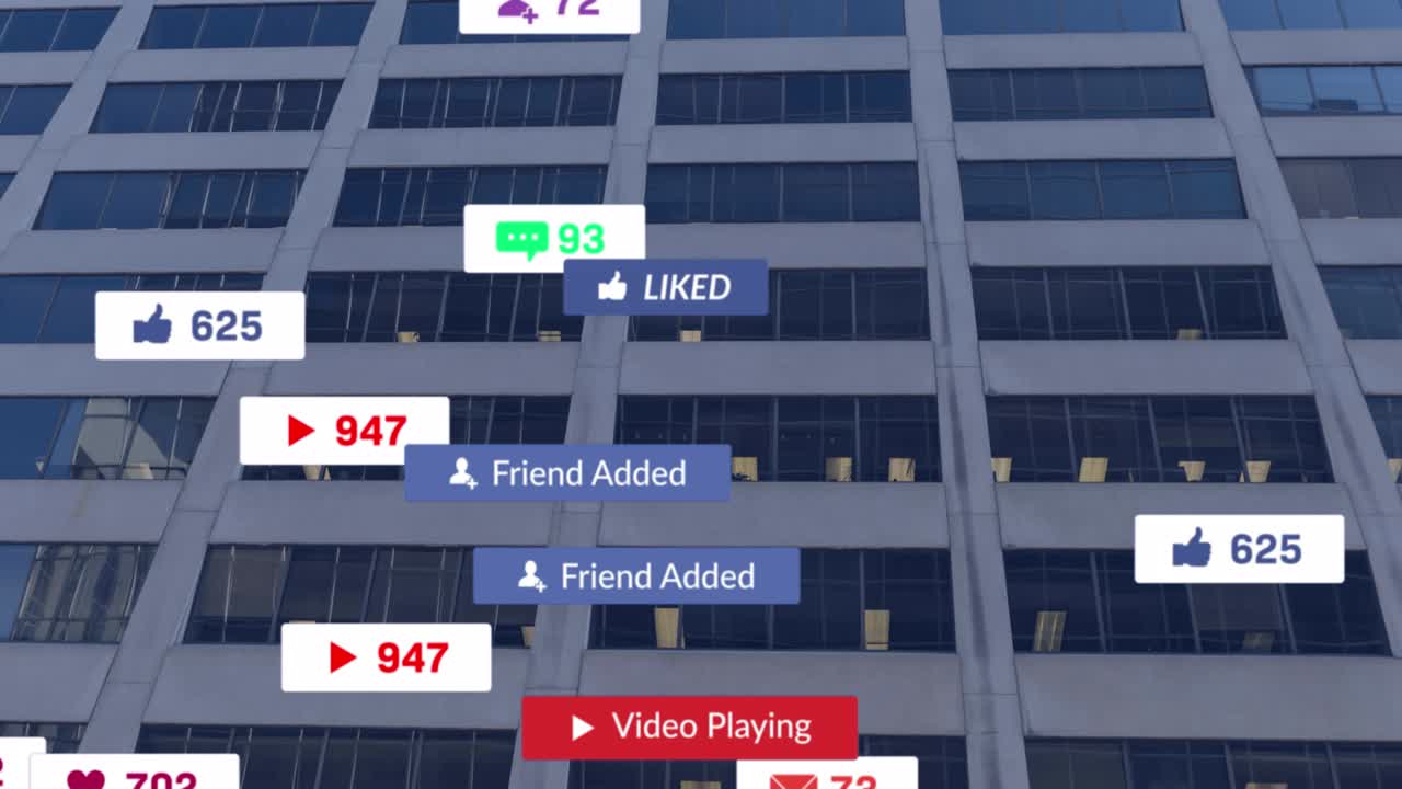 Animazione di icone social in caduta su un paesaggio urbano