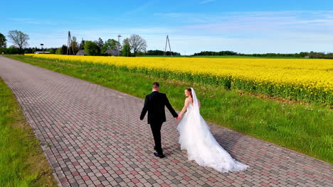 a ground-level tracking shot follows a bride and groom walking hand in hand along a cobblestone road beside a yellow flowering field, capturing spring warmth, openness, and hopeful, romantic calm