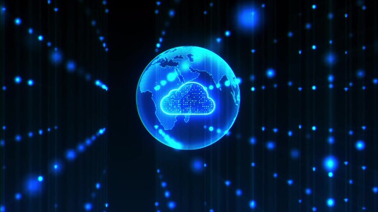 Lysende sky digital jord forbundet netværk partikler cloud computing globale datatjenester online