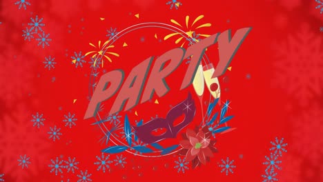 Animation-of-snow-falling-over-party-text-and-icons-on-red-background