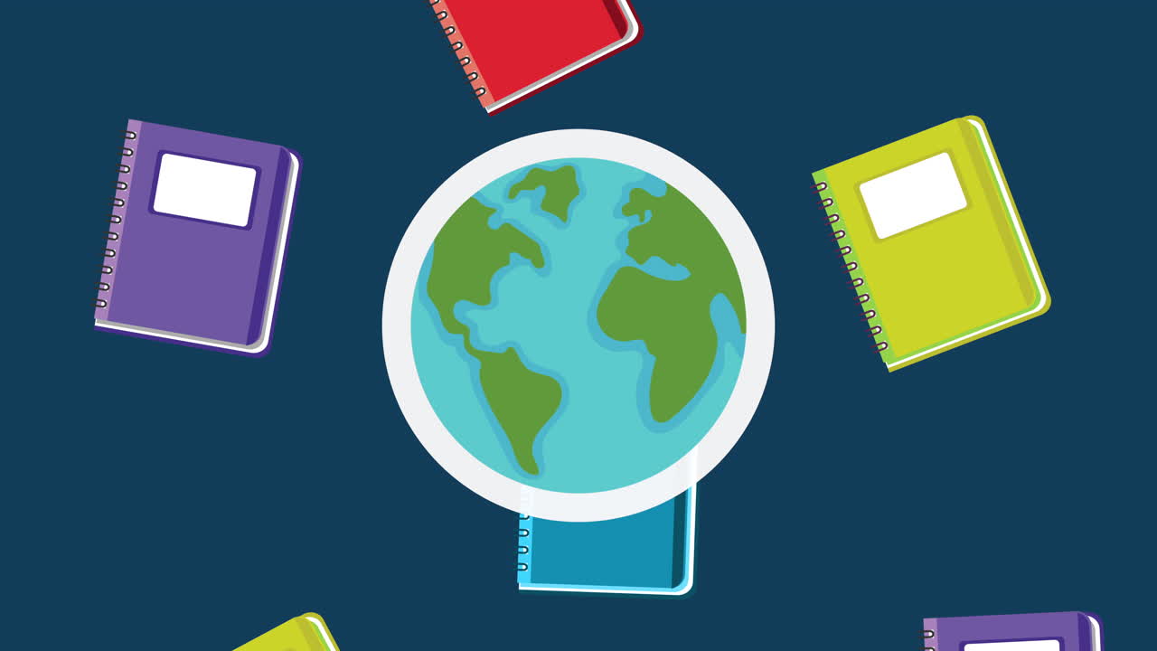 cuadernos coloridos que rodean un globo terrestre