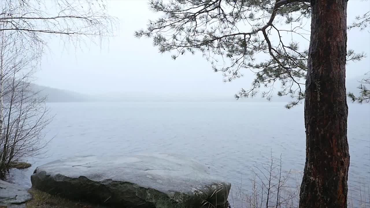 안개가 가득한 겨울의 호수 장면