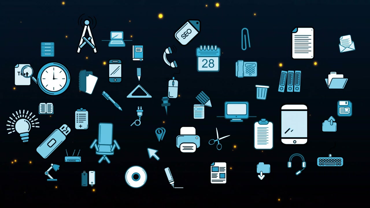 Starting with starry backdrop, cyan icons drifting and rotating, cycling calendar, forming cluster