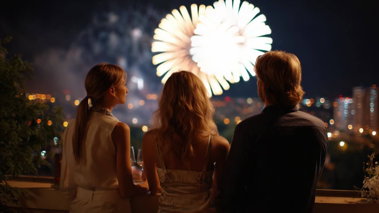 A group of friends enjoying a captivating fireworks display at night, illuminated bursts of light fill the sky against a backdrop of city lights, creating a mesmerizing and festive atmosphere of celebration