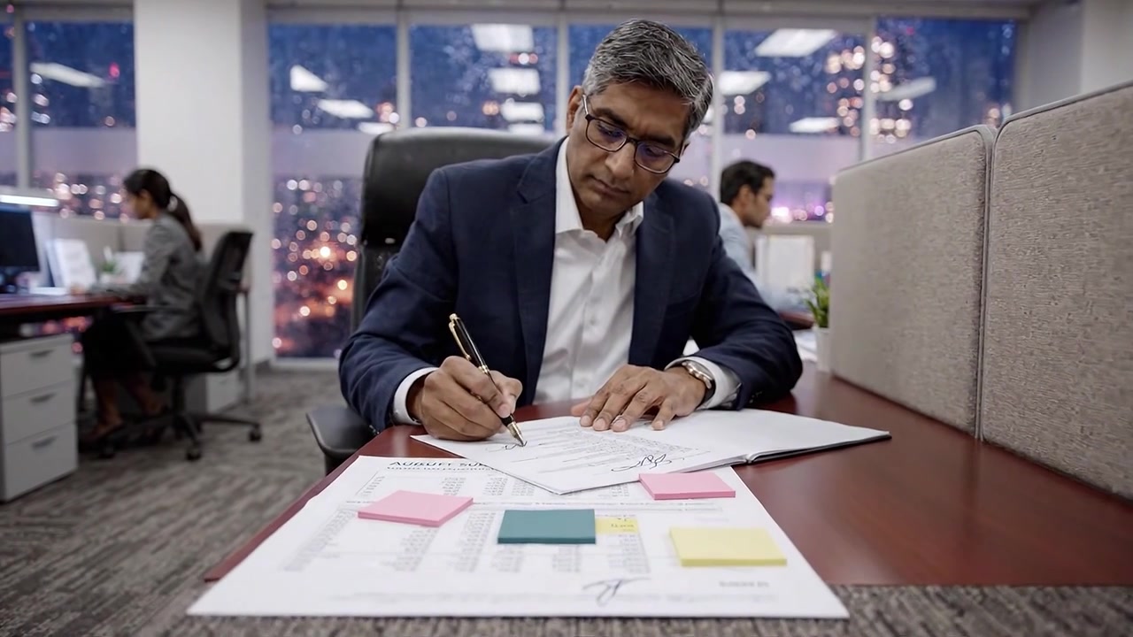 Profissional Focado Revisando Documentos em um Espaço de Escritório Moderno com Vista da Cidade ao Anoitecer, Representando Negócios, Colaboração e Produtividade em um Ambiente Corporativo