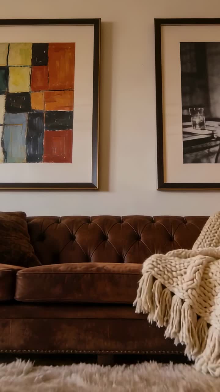 Video verticale: Telecamera in movimento lento che rivela un divano in pelle capitonné a casa, mettendo in risalto un plaid in maglia.
