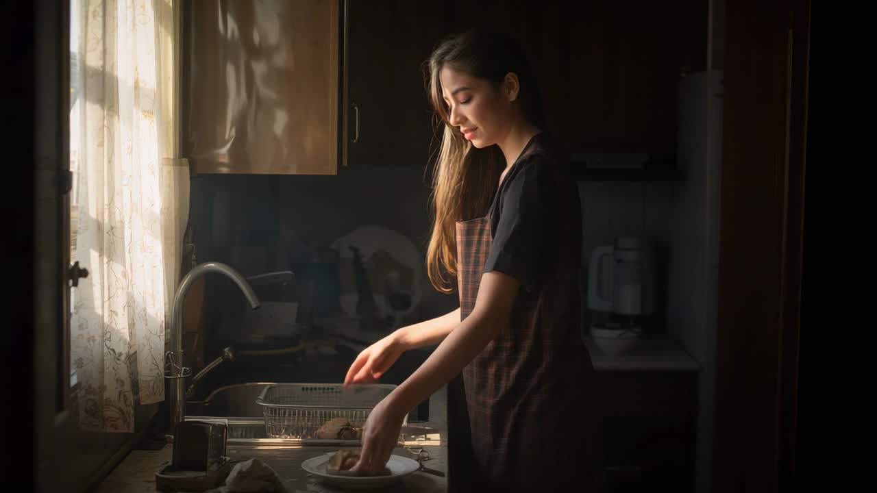 Mujer asiática enjuagando platos con un delantal marrón, ordenándolos en el fregadero después de comer y sosteniendo una esponja