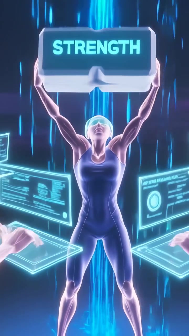 Vertical video: Receiving ping bodysuit avatar checking wrist device, lifting STRENGTH block in VR
