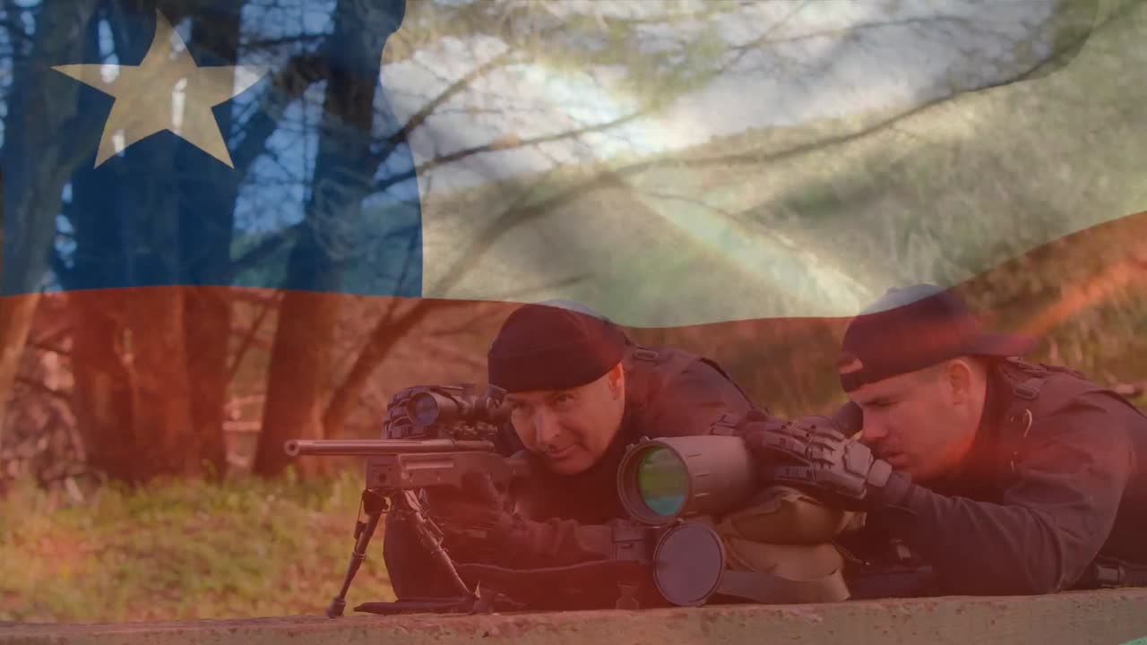 анимация флага чили над различными мужчинами-солдатами с оружием