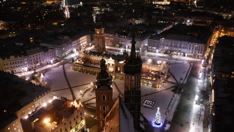 Winter-in-Krakow,-Poland---Aerial-view-of-Main-Market-Square,-Sukiennice,-St