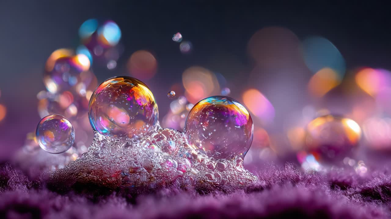 Close-up Exploration of Colorful Soap Bubbles Forming on a Textured Surface with Sparkling Highlights and Captivating Reflections in a Dazzling Microcosm