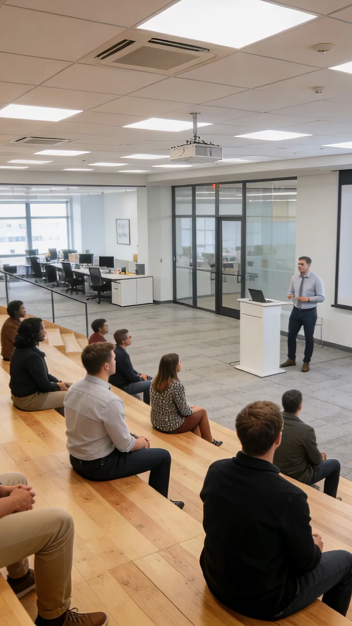 Vertical video: Opening laptop, man shirt tie presenting to team at office with podium, copy space