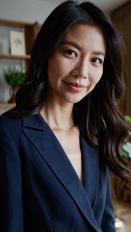 professional businesswoman standing confidently in sleek modern office, wearing sophisticated navy blue blazer, radiating leadership and success with confident smile and polished demeanor