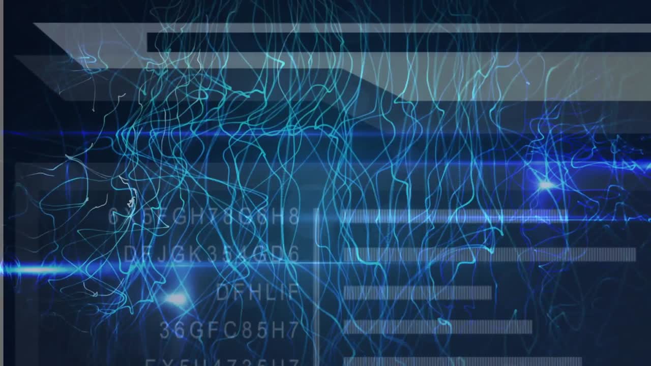 Animation of glowing light trails and data processing against blue background