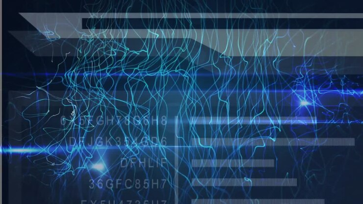 Animation of glowing light trails and data processing against blue background
