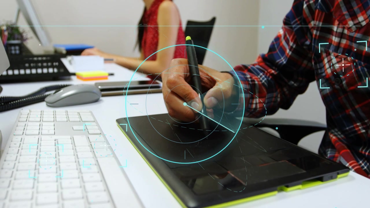Designer drawing on tablet, radar syncing with strokes, camera widening showing coworker for design