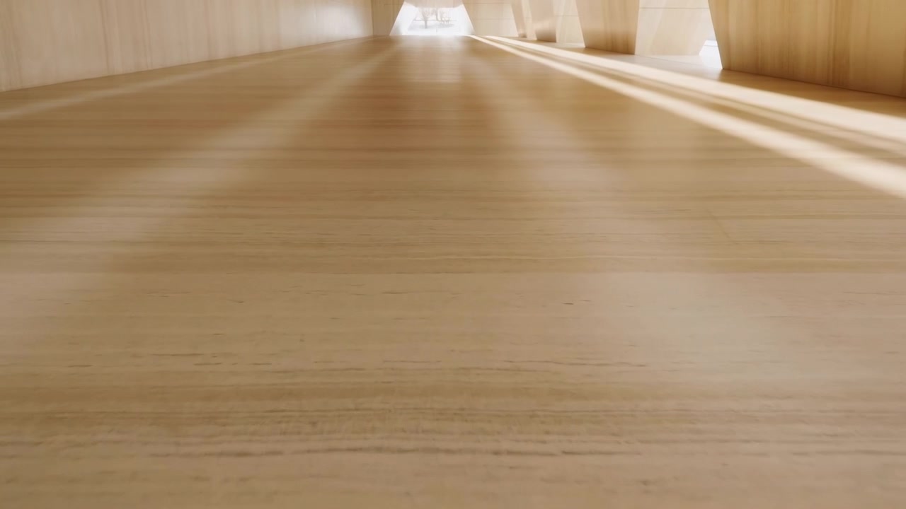 This video showcases a neutral, calm empty corridor with a wooden floor and light sources at the end, captured from a straight-on perspective. The indoor setting features a mix of brown.