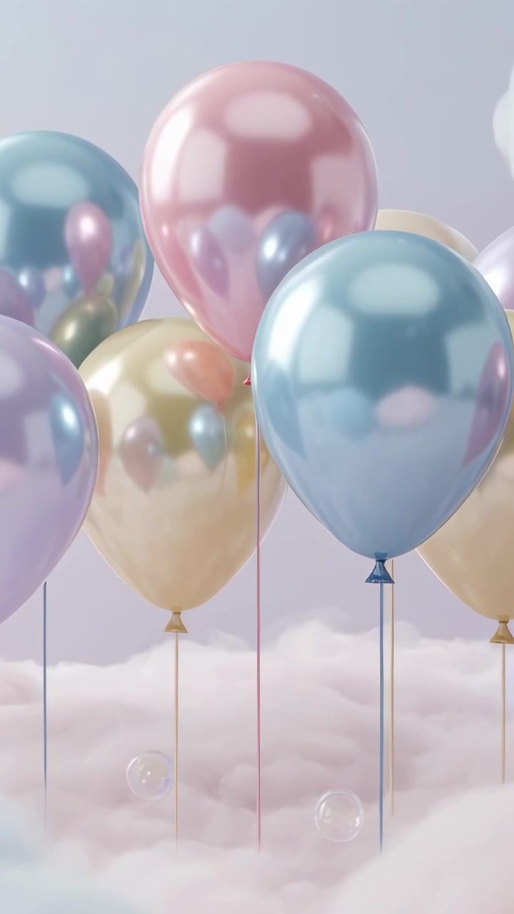 Video vertical: Racimo de globos nacarados flotando a la deriva con una suave brisa sobre las nubes, con burbujas de jabón.