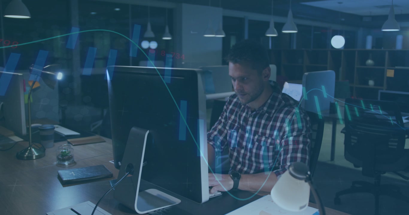 Man typing and analyzing tech data while animated graphs appearing, rubbing eyes, checking phone