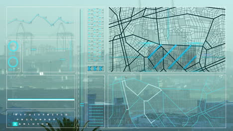 animación de la interfaz con el procesamiento de datos frente a una vista aérea del paisaje urbano