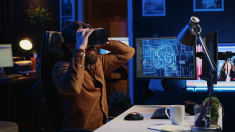 computer scientist wearing vr glasses panicking after ai gains omniscience