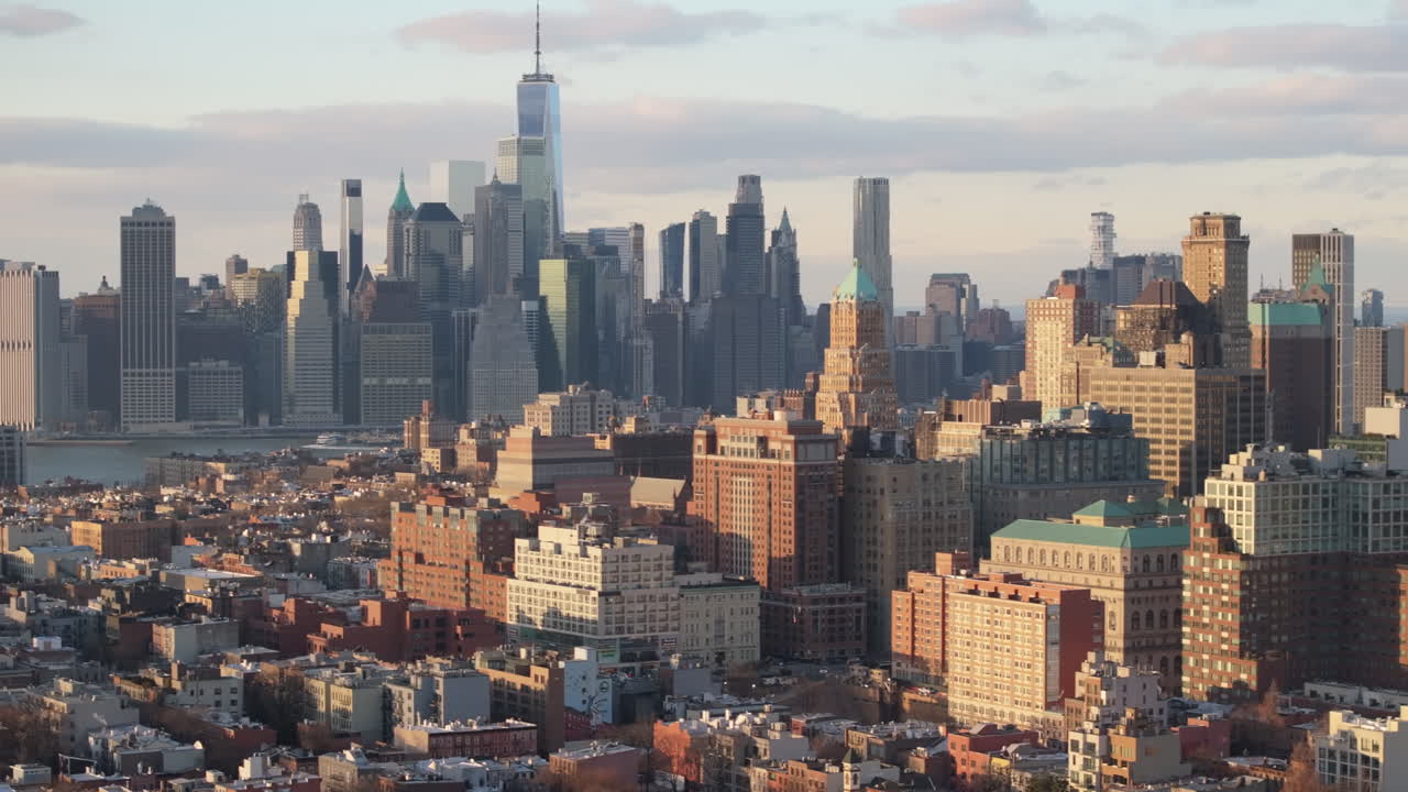 Aerial view of the New York City Financial District. Shot on a winter day in Brooklyn.