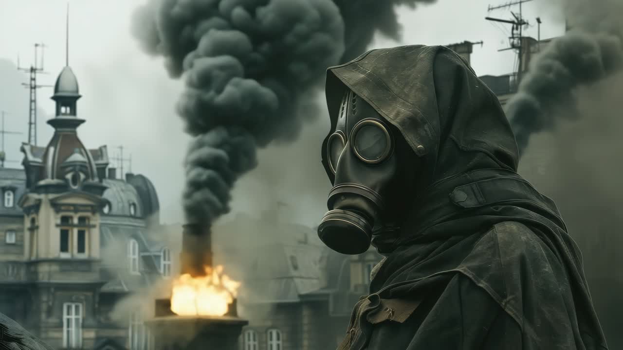 Una scena distopica con una persona con una maschera antigas, tra edifici in fiamme e fumo