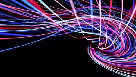 Light flow bg in 4k. Abstract looped background with light trails, stream of red blue neon lines in space move to form looped spiral shapes. Modern trendy motion design background. Light effect,