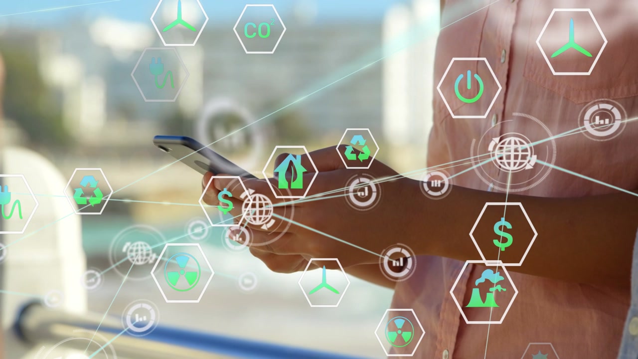 Woman tapping smartphone, exploring energy data via hex icons around hands and converging network