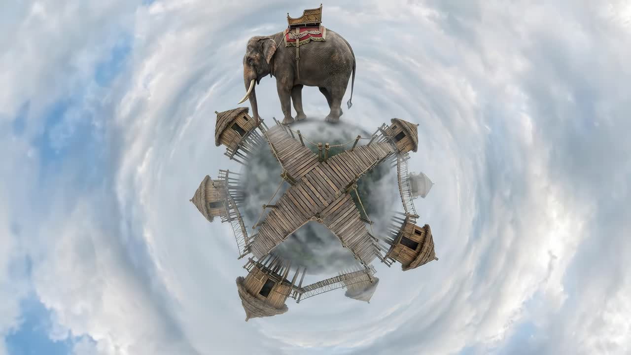 Fantasi-elefant på en flydende miniatureverden på himlen