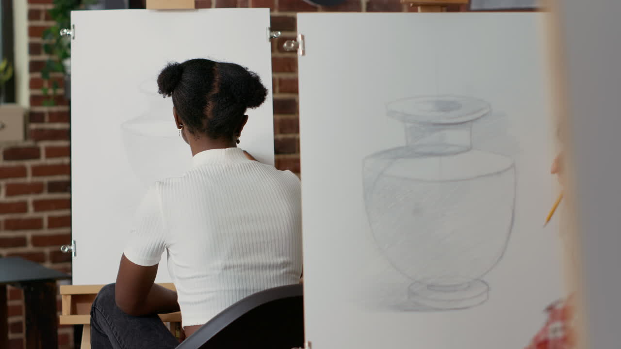 Studentessa che usa una matita e un'area di lavoro per creare opere d'arte