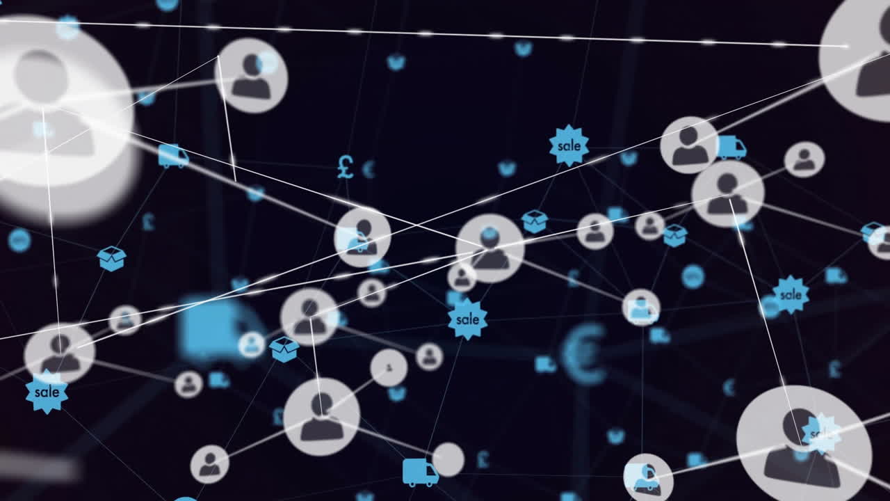 Network of connections and data processing animation over diverse icons and symbols