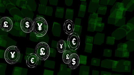 animation of currency symbols over digital city on black background