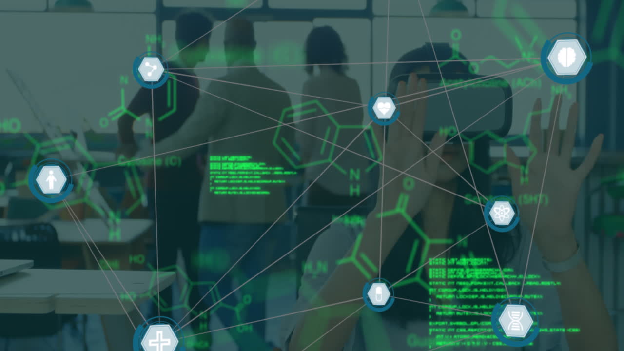 디지털 아이콘의 지구상의 애니메이션, 사무실에서 vr 헤드을 착용하는 여성의 화학 구조