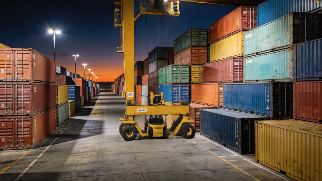 En gul straddle carrier kører ind i en gang i skumringen, sænker sprederen og løfter en container for at flytte den.
