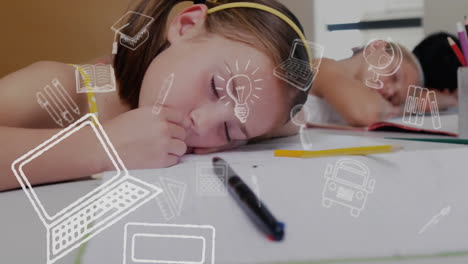 animation of education school icons over diverse school children sleeping on desks in classroom