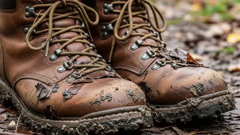 A Close-Up View of Sturdy Brown Hiking Boots Covered in Mud and Leaves, Perfectly Showcasing the Effects of Outdoor Adventures in Nature&#039;s Terrain
