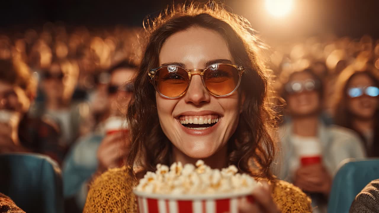 Un espectador feliz disfruta de palomitas en un cine abarrotado, e irradia felicidad y expectación al prepararse para una experiencia cinematográfica cautivadora.