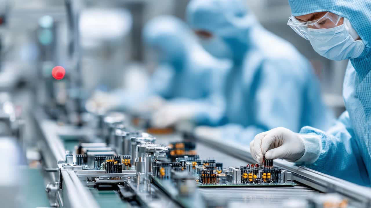 In a cleanroom environment, skilled technicians wearing protective gear meticulously assemble electronic components on a conveyor belt in a high-tech manufacturing facility