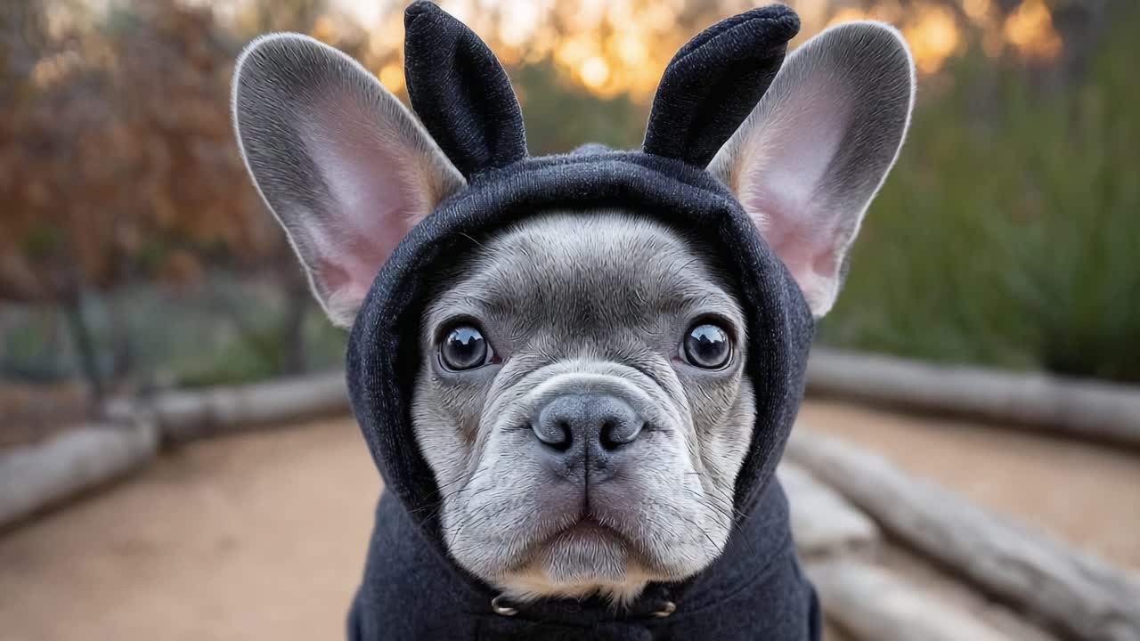 A French Bulldog in a Cute Outfit with Bunny Ears Stands Out in Nature, Showcasing Its Expressive Eyes and Unique Style Amidst a Beautiful Outdoor Setting