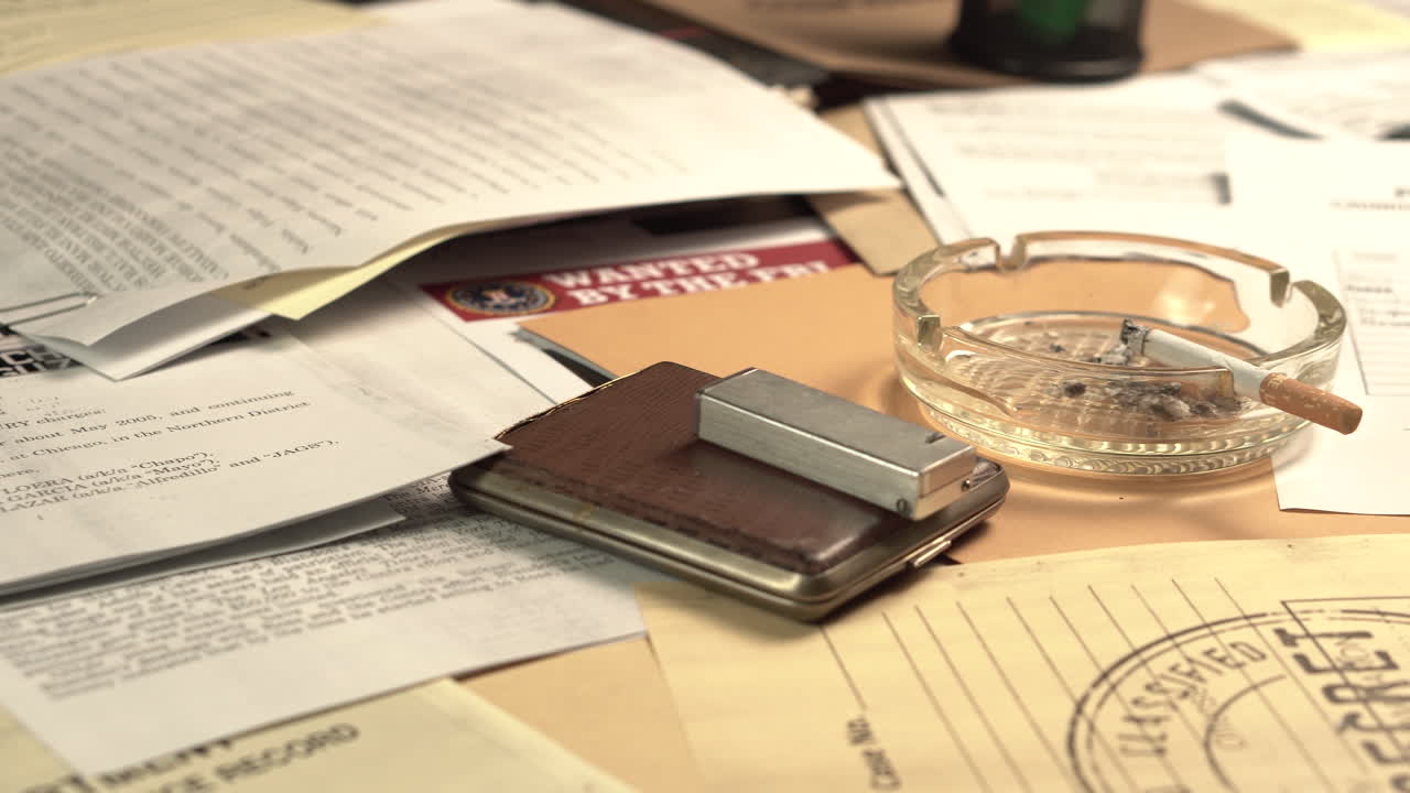 Police Detective Desk Full of Documents From Criminal Investigation, Ashtray and Cigarette Case