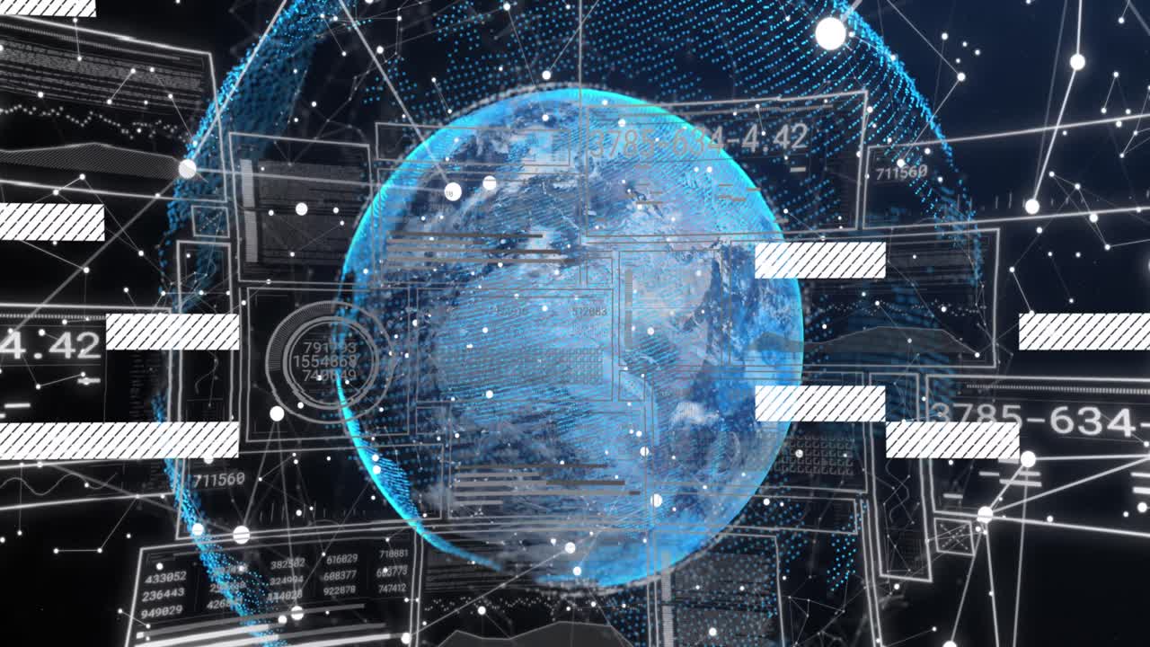 Animation of digital data processing and networks over globe