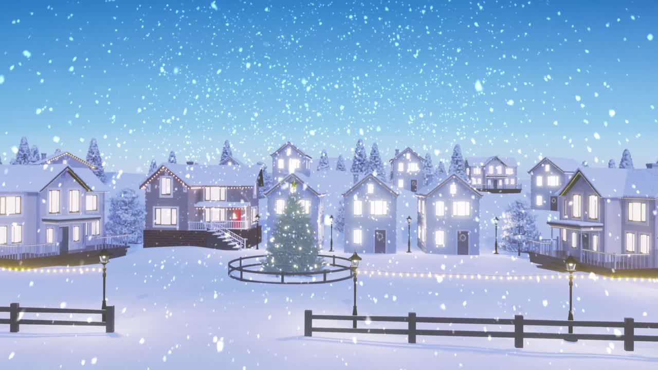 집 과 겨울 풍경 을 가진 크리스마스 나무 위 에 내리는 눈 의 애니메이션