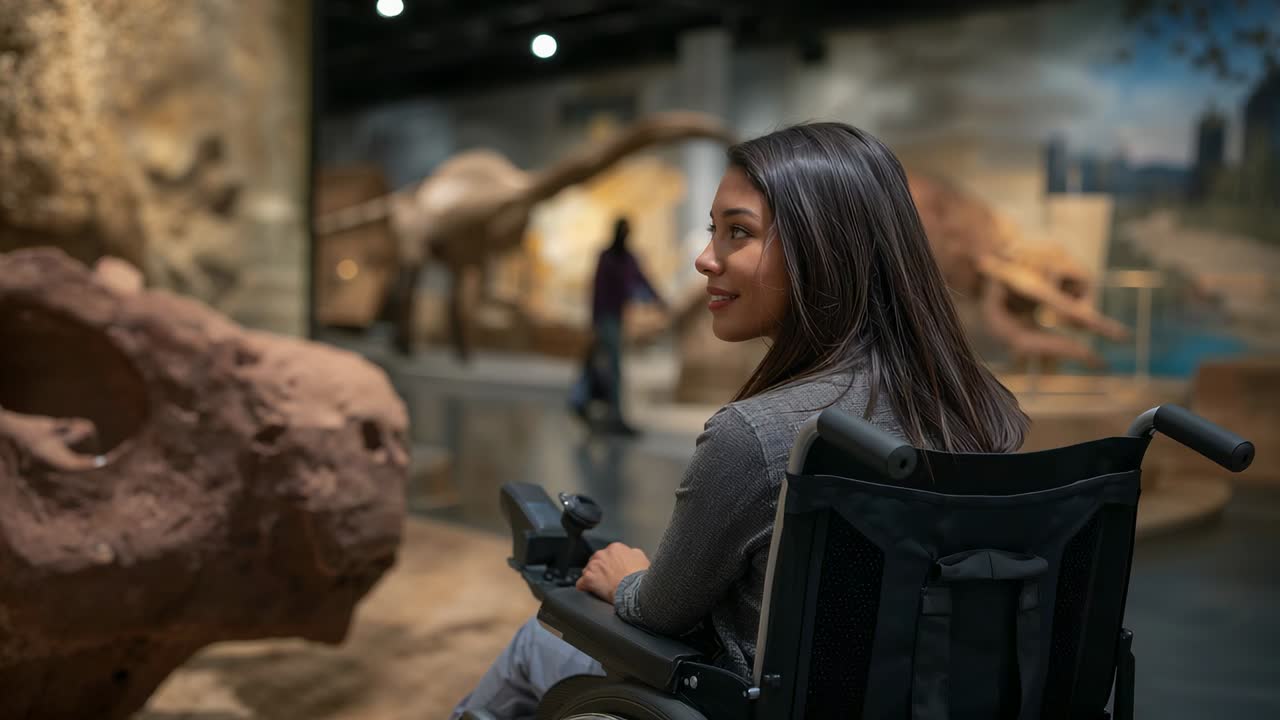 Arriving at museum exhibit woman in grey top scanning fossil near powered wheelchair joystick