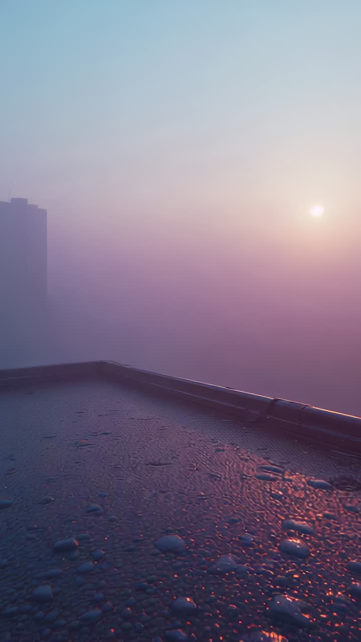 Vertical video: Reflecting rising sun through fog, wet parapet holding pools, tower fading