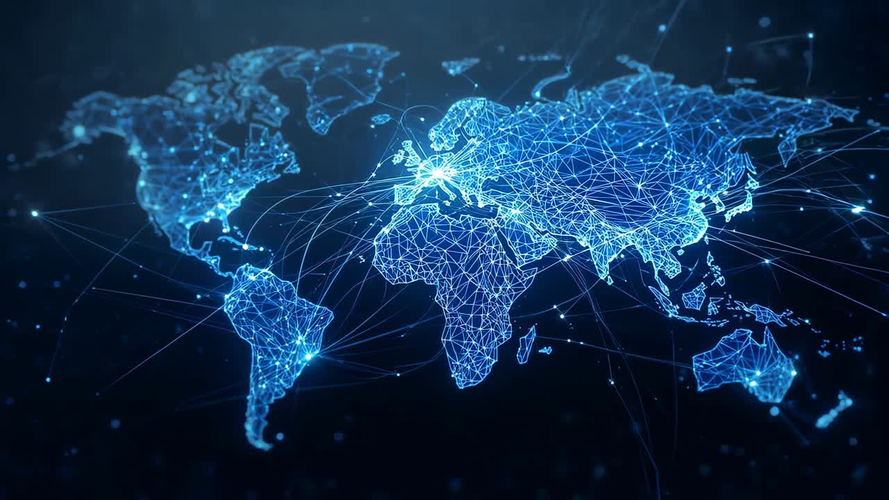 Animating world map in virtual space pulsing after data surge activating arcs to Europe hub, nodes